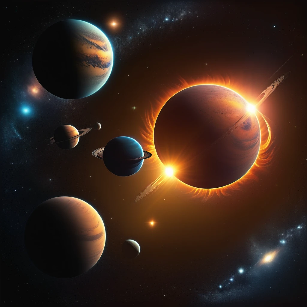 A very beautiful sun, in space with several planets in the background