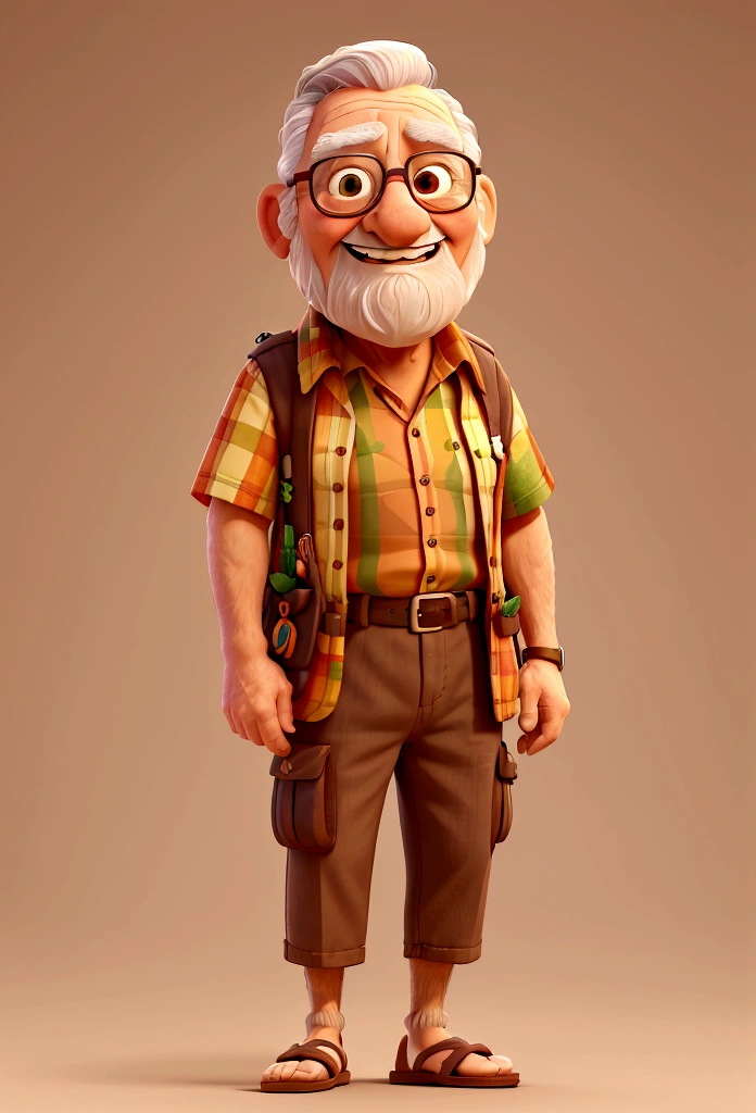 An elderly man, with medium beard, smiling, wearing a colorful flower shirt. He is wearing flip-flops and brown shorts. left hand holds a brown flag, The man is standing facing the viewer. money bills are coming out of your blouse pocket. pixar model, 3 d drawing