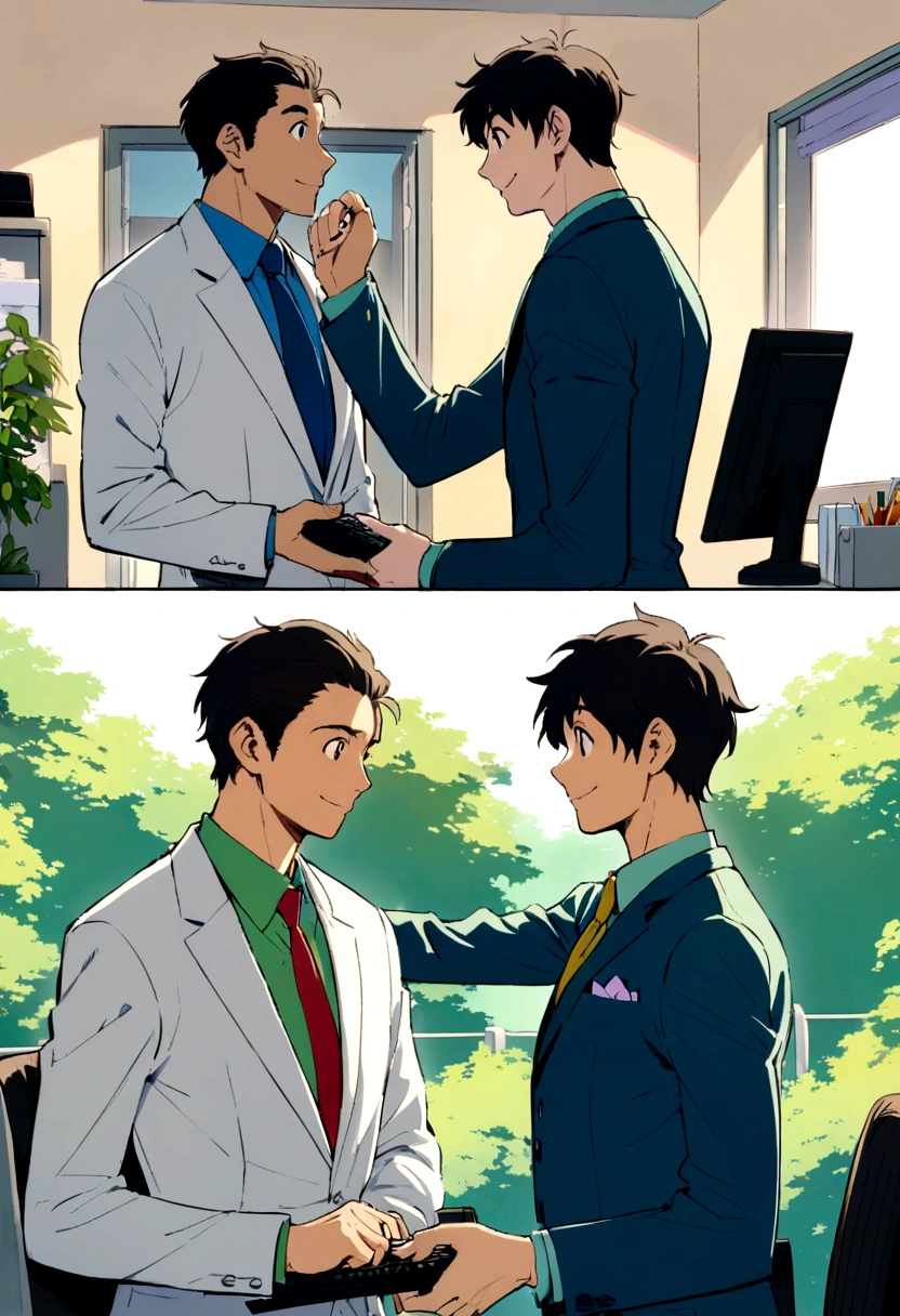 Ghibli anime characters,male,suit,smile,I'm using a computer,office,Short Hair,refreshing,Handsome,Make eye contact,