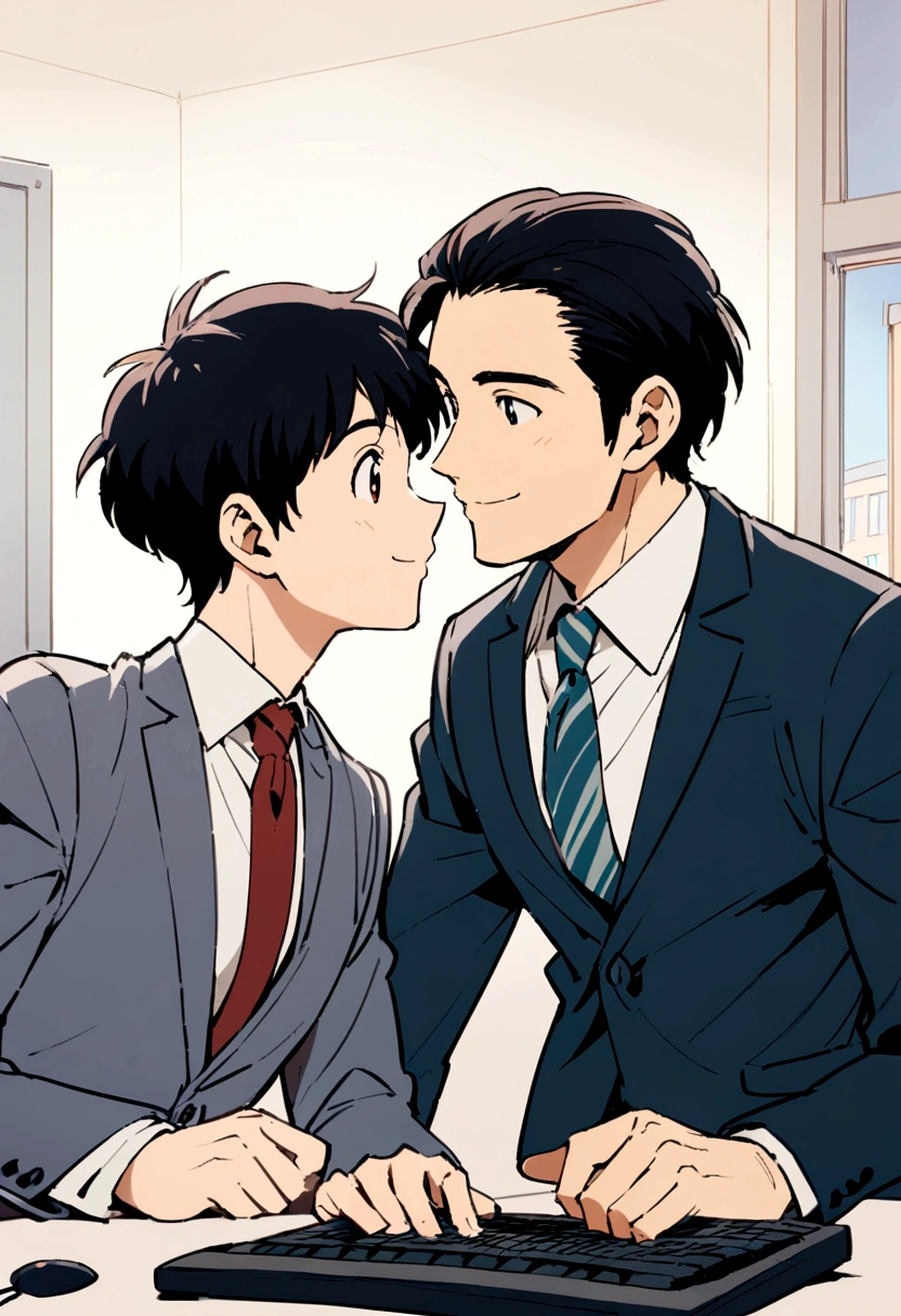 Ghibli anime characters,male,suit,smile,I'm using a computer,office,Short Hair,refreshing,Handsome,Make eye contact,