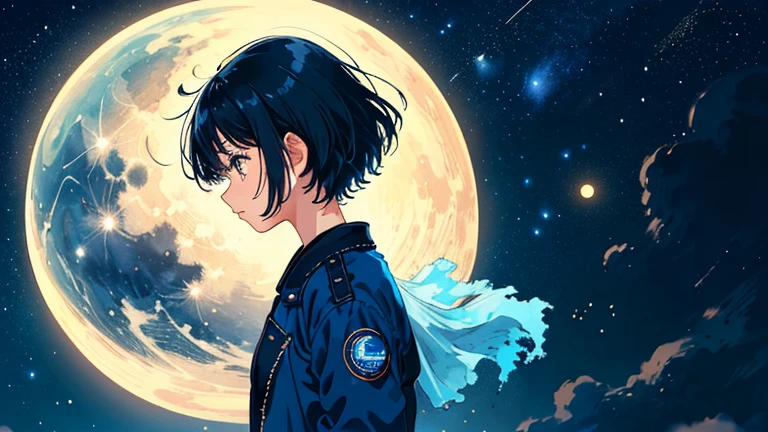 Create an illustration of a girl with short black hair, The girl looks about 18 years old..  The girl has a calm expression. Wearing a blue jacket、profile、The background is dark、Add subtle elements that allude to the night, Faint stars and moons. The overall style should be soft and sentimental., Full of stars、Night City