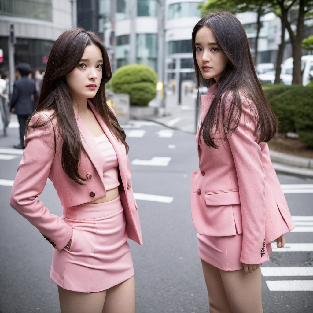 Front view,1 girl,solo,(((Anne-Marie Alto))) ,long hair, wear a tight pink suit, tight skirt ,(short skirt),looking at camera,25 years old, in the Tokyo city