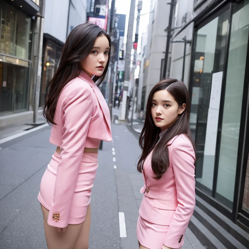 Front view,1 girl,solo,(((Anne-Marie Alto))) ,long hair, wear a tight pink suit, tight skirt ,(short skirt),looking at camera,25 years old, in the Tokyo city