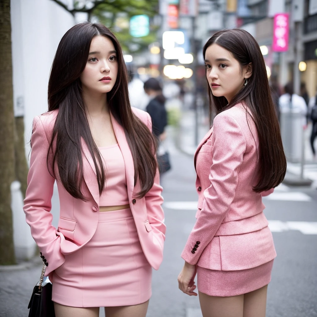 Front view,1 girl,solo,(((Anne-Marie Alto))) ,long hair, wear a tight pink suit, tight skirt ,(short skirt),looking at camera,25 years old, in the Tokyo city