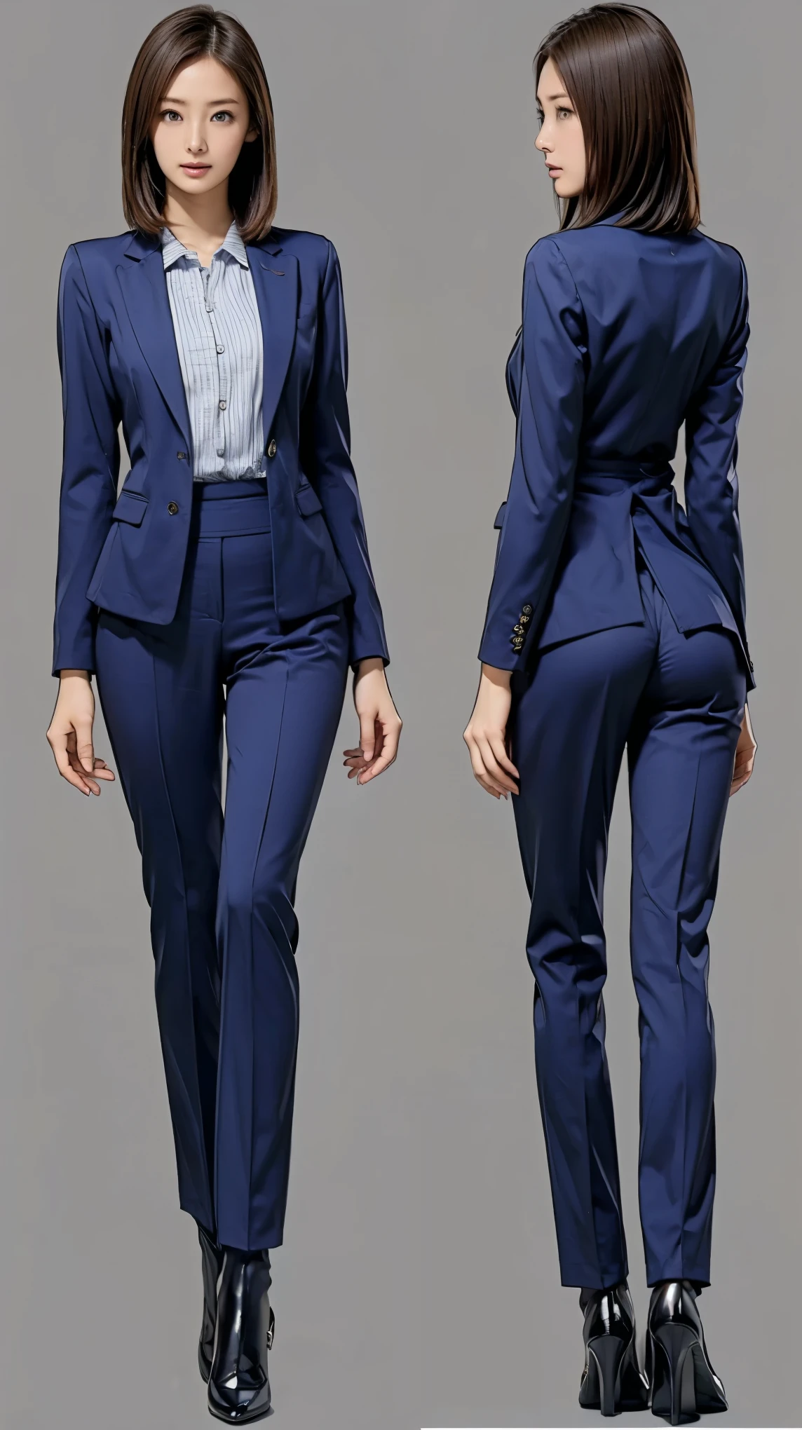 ((masterpiece)),(((Highest quality))),((Character design sheet)),Thin thighs,Long legs,Girl, Skinny Japanese woman, Very small waist, grey suit, Open jacket, office lady, suit, pants, From behind, Office Room, machine, (Stick your butt out:1.2), Detailed face, View your viewers