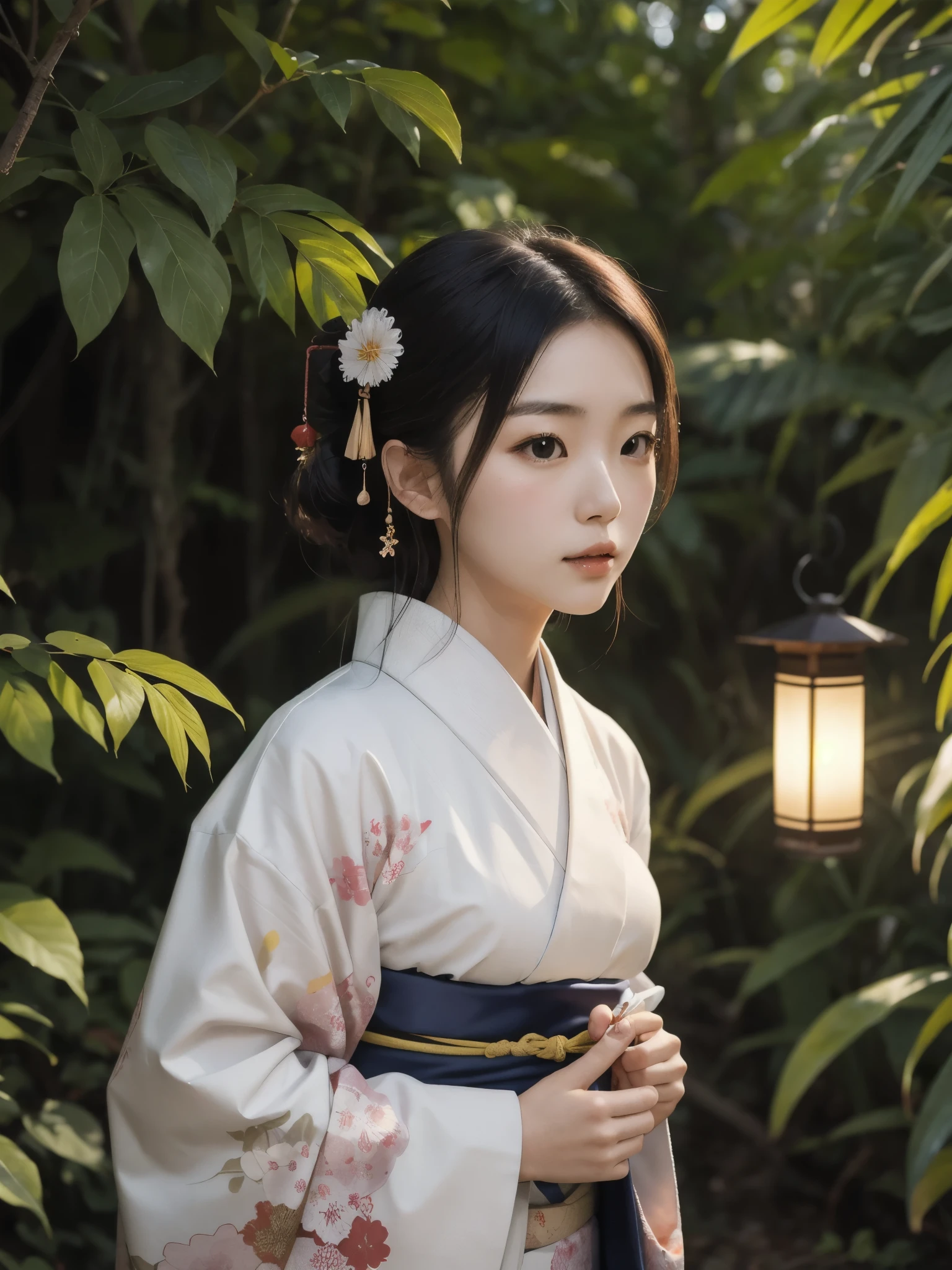 low angle shot of a very attractive japanese woman wearing a kimono in a lush forest at night. She is holding paper lantern. Her face is lit by the ambient lighting from the lantern. Muted color tones.