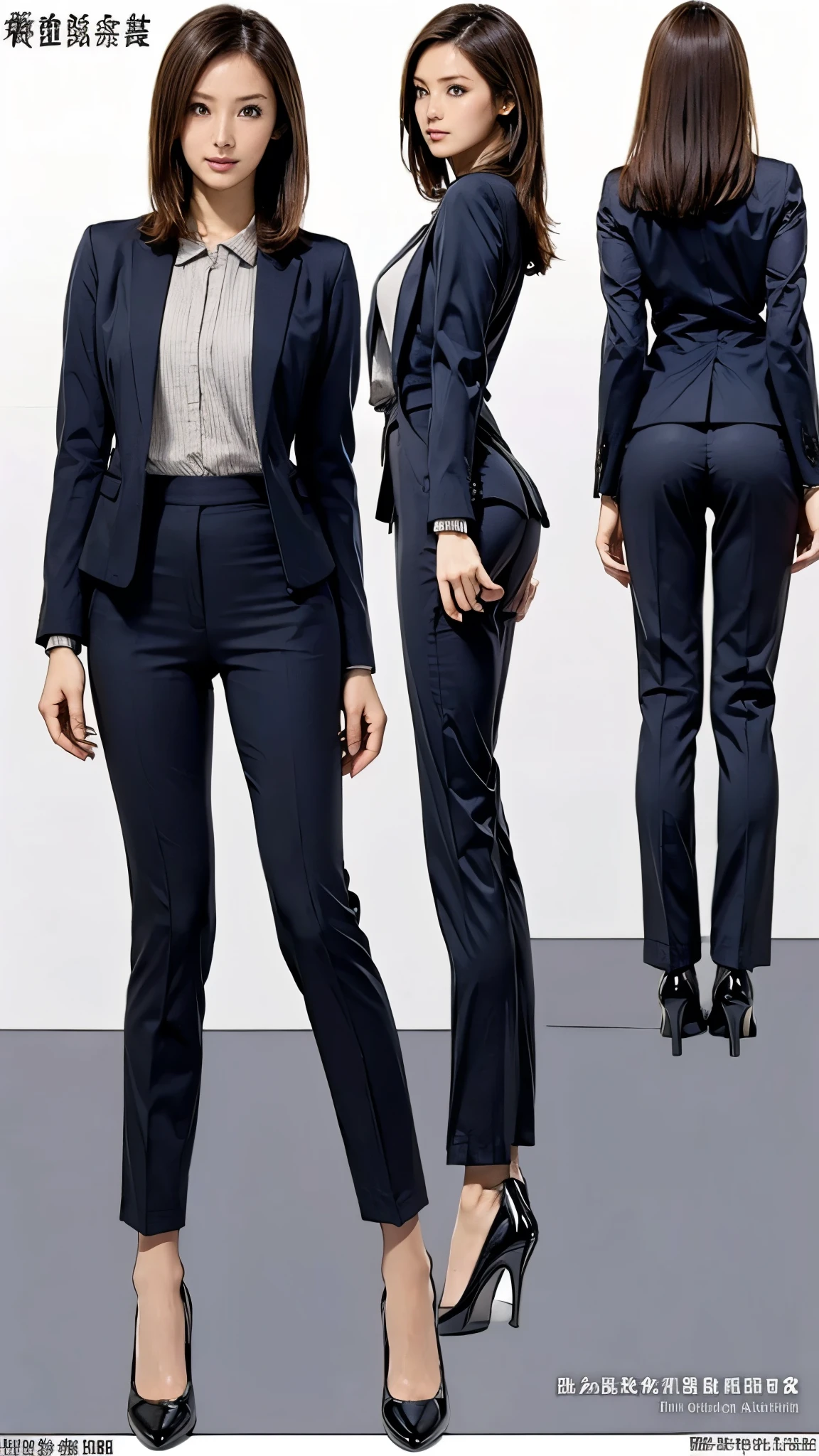 ((masterpiece)),(((Highest quality))),((Character design sheet)),Thin thighs,Long legs,Girl, Skinny Japanese woman, Very small waist, grey suit, Open jacket, office lady, suit, pants, From behind, Office Room, machine, (Stick your butt out:1.2), Detailed face, View your viewers