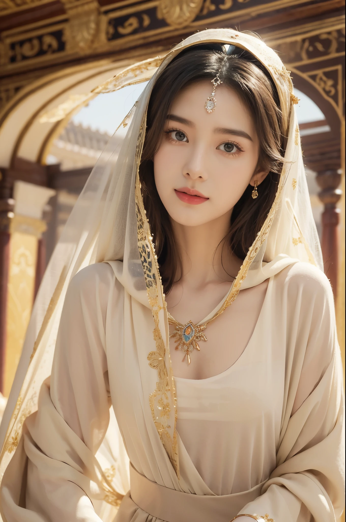 (((best quality))),(((ultra detailed))),(((masterpiece))),illustration,1girl, solo,princess, Arabic,slim,thin,flat chest,small breasts, palace, desert, gold, gemstones,headscarf, veil on face,traditional clothing, hairband, deep eyes, elegant face, subtle smile, sunlight, shining, serene, environment, illustration,upper body,from front
