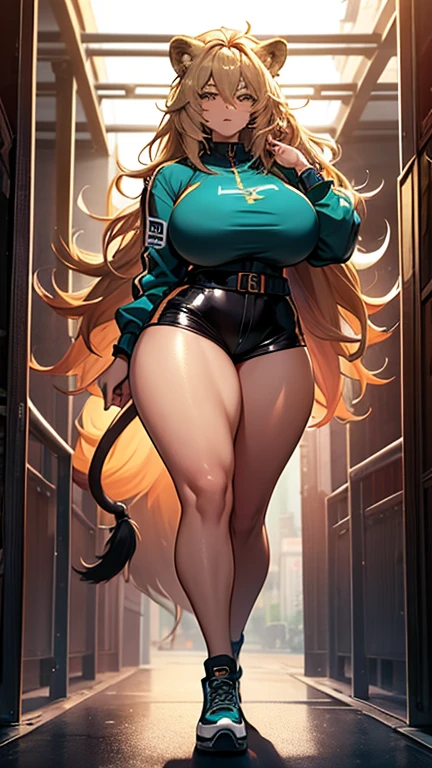 one woman, lion girl, lion ears, extremely Large lion tail, teal colored hair, huge hair, strong, firm body, thick thighs, big breasts, muscular arms, casual clothes, sfw, sexy, full body, masterpiece, highly detailed, shiny clothes, latex, tall women,