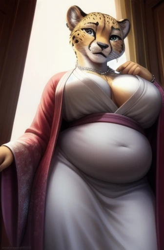 (posing:1.3), (soft shading), 4k, hi res, five fingers, detailed hands, ((detailed face, (detailed eyes:1.0), detailed)), by zackarry911, by zaush, (by personalami:0.5), clothed, Female cheetah, fat, fat belly, fat thighs, fat arms, lovehandles, big breasts, silver eyes, golden yellow fur, black cheetah markings, kimono, silver earrings, silver bracelets, silver rings, silver necklaces, superior aura, looking down on viewer, low angle, taller than viewer, seductive face and pose