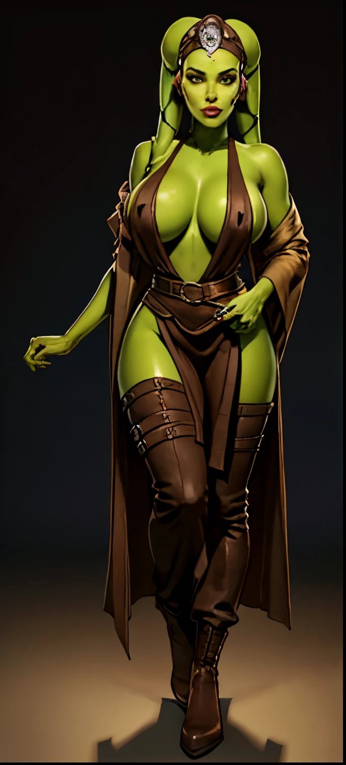 (best quality, work of masters, masterpiece, ultra detailed), 1girl, (((green skin))), sexy Twi'lek, (((super detailed beautiful face)), (huge saggy breasts), titsonastick, Jedi, dressed in modest style, wearing dark brown full body jedi robes, with a beige tunic, loose trousers, long boots, brown cloth, buckles, straps, Star Wars, lekku markings, bimbo lips, extreme detail, skindentations, most beautiful girl in the world, perfect proportions.