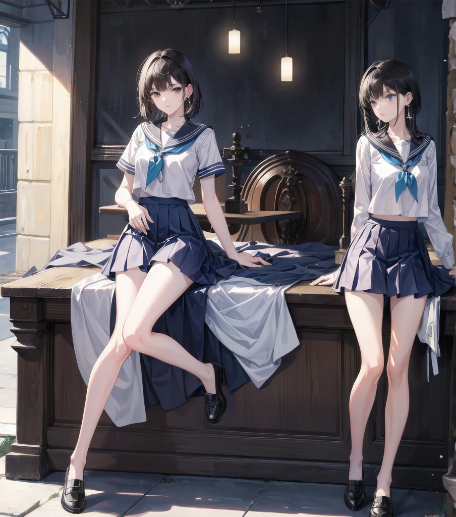 absurdres, RAW photo, extremely delicate and beautiful, masterpiece, Best Quality, ultra high resolution, 32k, hyperrealistic, ultra-detailed, in her 20s, very Slim body, narrow waist, very small head, very small face, delicate facial features, tearful mole, earring, very huge round , ((full body shot)), medium hair, black hair, ((school_uniform)),