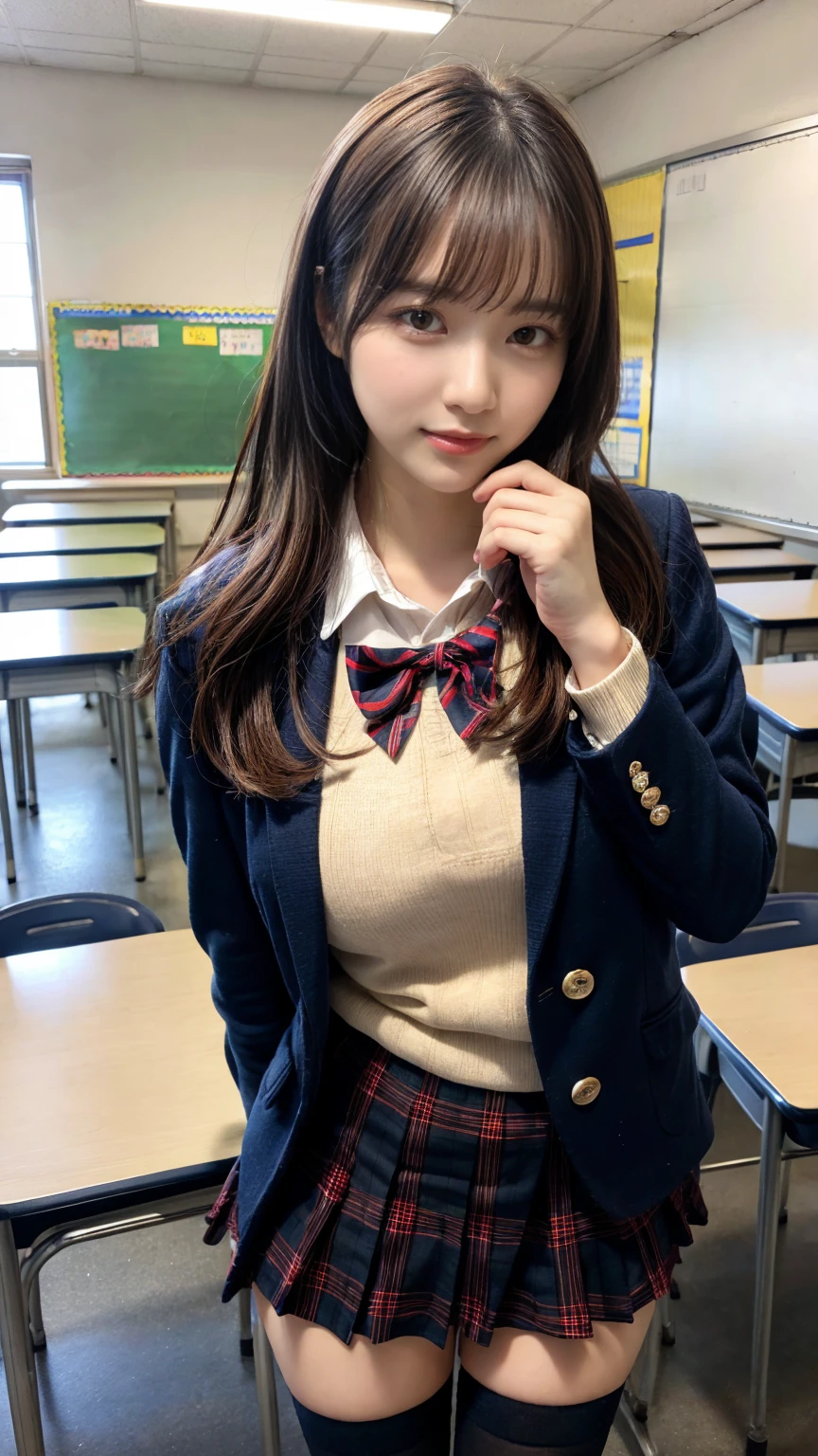 (8K, RAW Photos, Highest quality, masterpiece:1.2), masterpiece, super detailed, super high quality, (Realistic and photorealistic photography:1. 37), High-resolution RAW color photos, Very delicate and beautiful, highly detailed, 8k wallpaper, wonderful, detailed, Very eye, very detailed, very detailed skin, very thin fingers, very detailed nose, very detailed mouth, Perfect Anatomy, BREAK,18 year old girl, short bob hair, huge breasts, (colossal tits:1.1), very huge round breasts, (perfect body shape:1.1), Big Natural Color Lip, cute type, lolita, (Details High quality, realistic depiction of eyes:1.3), Harajuku style, Beautiful makeup, glitter makeup, BREAK, High school girl uniform, blazer, Super Short Check Uniform Skirt, Navy blue high socks, Disturbed uniform, BREAK, (High School Classroom:1.2), bold sexy pose, hposing Gravure Idol, full body photo