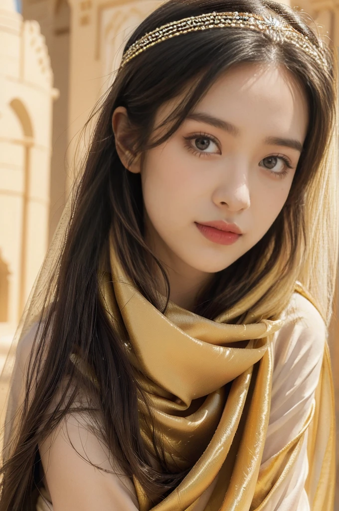 (((best quality))),(((ultra detailed))),(((masterpiece))),illustration,1girl, solo,princess, Arabic,slim,thin,flat chest,small breasts, palace, desert, gold, gemstones,headscarf, veil on face,traditional clothing, hairband, deep eyes, elegant face, subtle smile, sunlight, shining, serene, environment, illustration,upper body,from front
