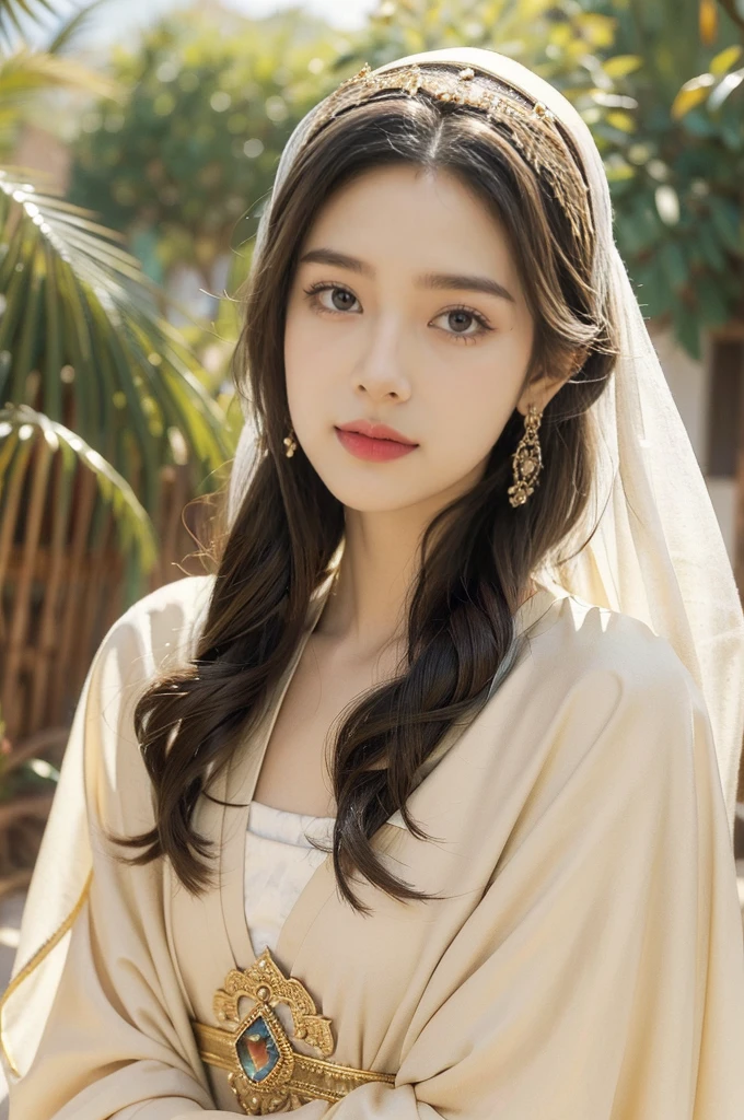 (((best quality))),(((ultra detailed))),(((masterpiece))),illustration,1girl, solo,princess, Arabic,slim,thin,flat chest,small breasts, palace, desert, gold, gemstones,headscarf, veil on face,traditional clothing, hairband, deep eyes, elegant face, subtle smile, sunlight, shining, serene, environment, illustration,upper body,from front

