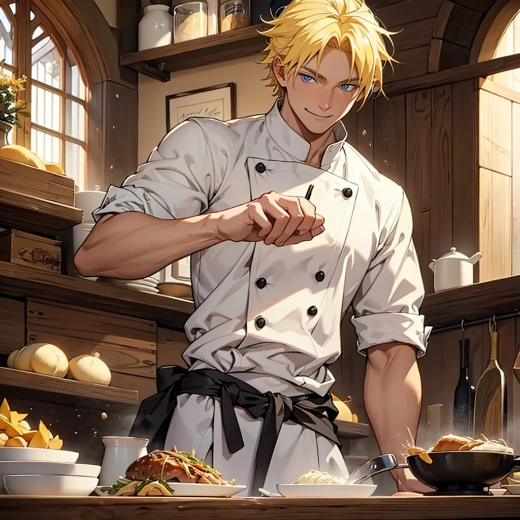 A 22 year old man, blond hair, yellow hair, blue eyes, chef's clothes, wearing a chef's hat, hands hidden, happy expression, medieval period, Ultra HD 4k, 4k, Ultra HD
