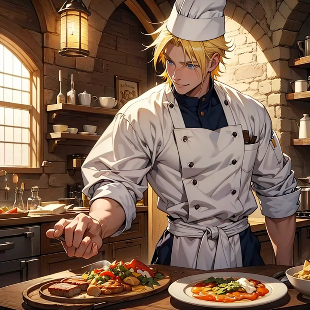 A 22 year old man, blond hair, yellow hair, blue eyes, chef's clothes, wearing a chef's hat, hands hidden, happy expression, medieval period, Ultra HD 4k, 4k, Ultra HD