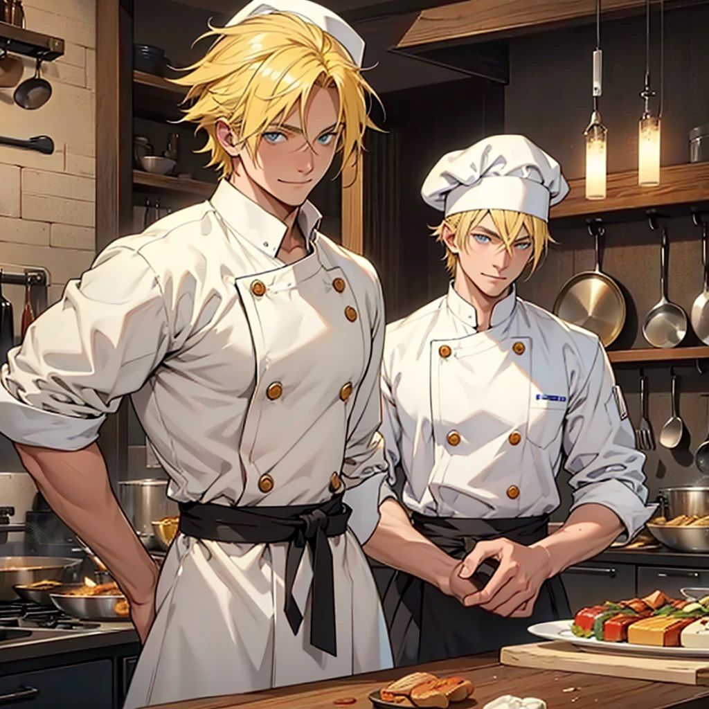 A 22 year old man, blond hair, yellow hair, blue eyes, chef's clothes, wearing a chef's hat, hands hidden, happy expression, medieval period, Ultra HD 4k, 4k, Ultra HD