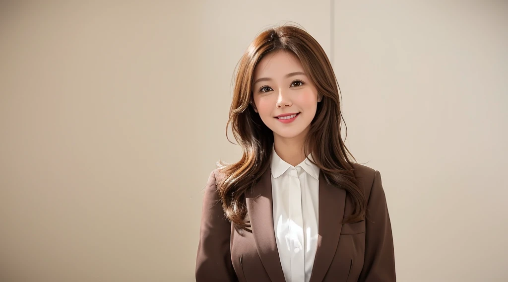 Generate an image of a cute and charming office lady with light brown hair. She is dressed in stylish office casual attire, wearing a warm and welcoming smile. The background is a clean and white office setting, creating a professional yet relaxed atmosphere. Pay attention to the details of her light brown hair and the office casual outfit, and convey the positive and approachable demeanor of a delightful office professional
