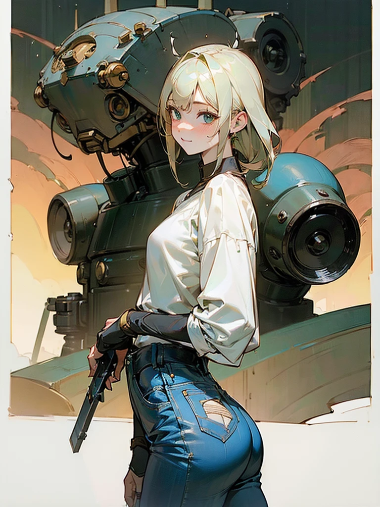 ((((work of art)))), Cao Cao quality, lots_Cao Cao_resolution, big fit ass_file size, full color, steam punk featuring a futuristic planet,, in a distant forest, bustling alien markets, and an off-road bike. The protagonist is a stunning girl in the upper body, 1 person, blonde, 小柄, bob, silver smile, mechanized weapons. wearing a white blouse, distressed denim shorts, engineer boots, and riding an off-road bike. Beauthfull,