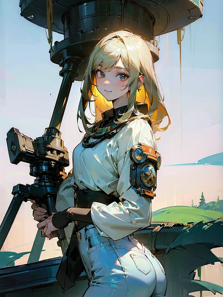 ((((work of art)))), Cao Cao quality, lots_Cao Cao_resolution, big fit ass_file size, full color, steam punk featuring a futuristic planet,, in a distant forest, bustling alien markets, and an off-road bike. The protagonist is a stunning girl in the upper body, 1 person, blonde, 小柄, bob, silver smile, mechanized weapons. wearing a white blouse, distressed denim shorts, engineer boots, and riding an off-road bike. Beauthfull,