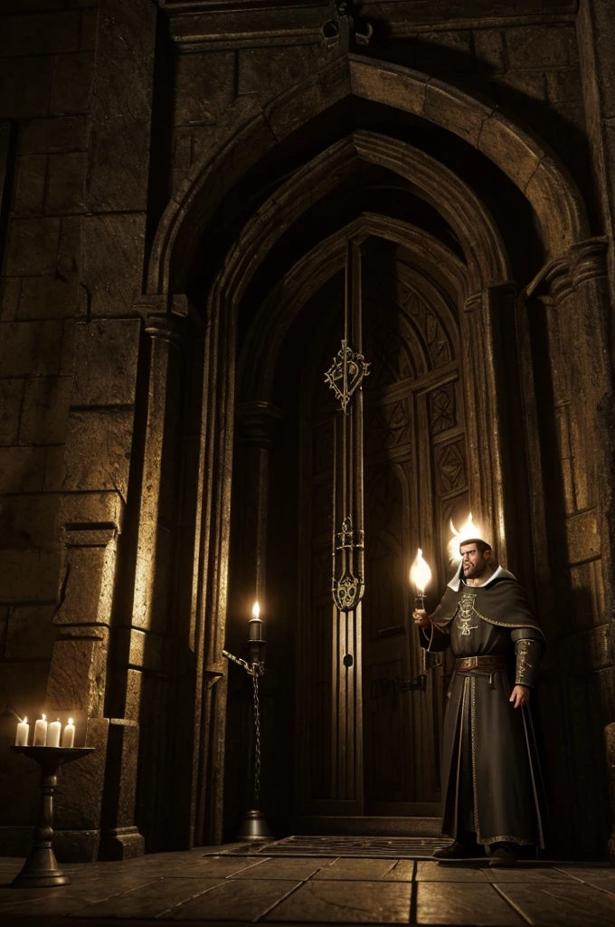 Comic style screenshot(image of the entrance to the dark and gloomy court of the inquisition,Isabela, a white girl with brown eyes and hair,chained,is brought before Friar Martín, an experienced inquisitor,who is a white man with light brown eyes and hair)