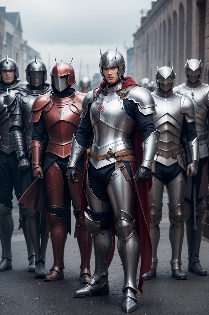 Make an image of 7 men in armor posing for a photo