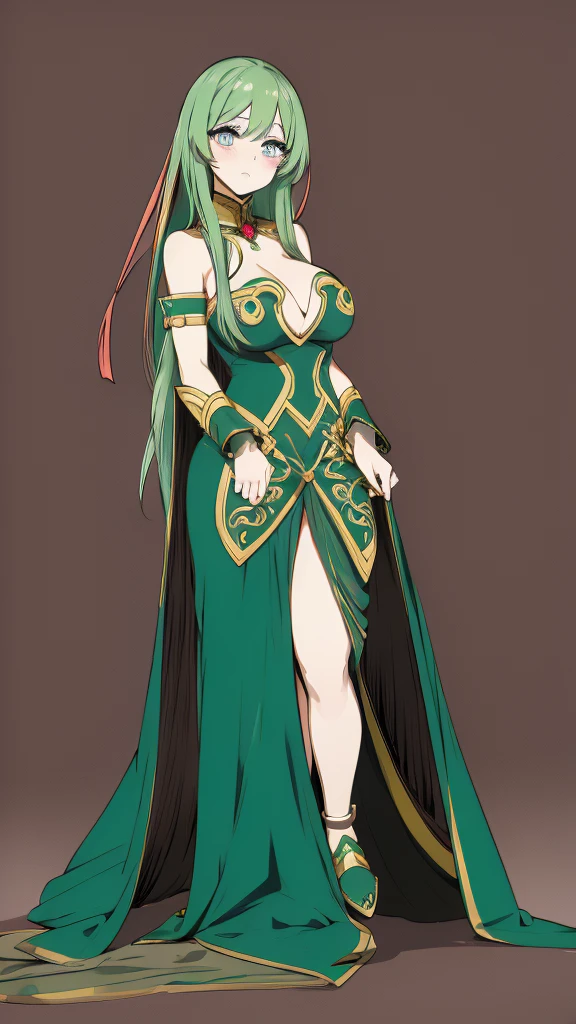 Anime woman with long green hair, blushing