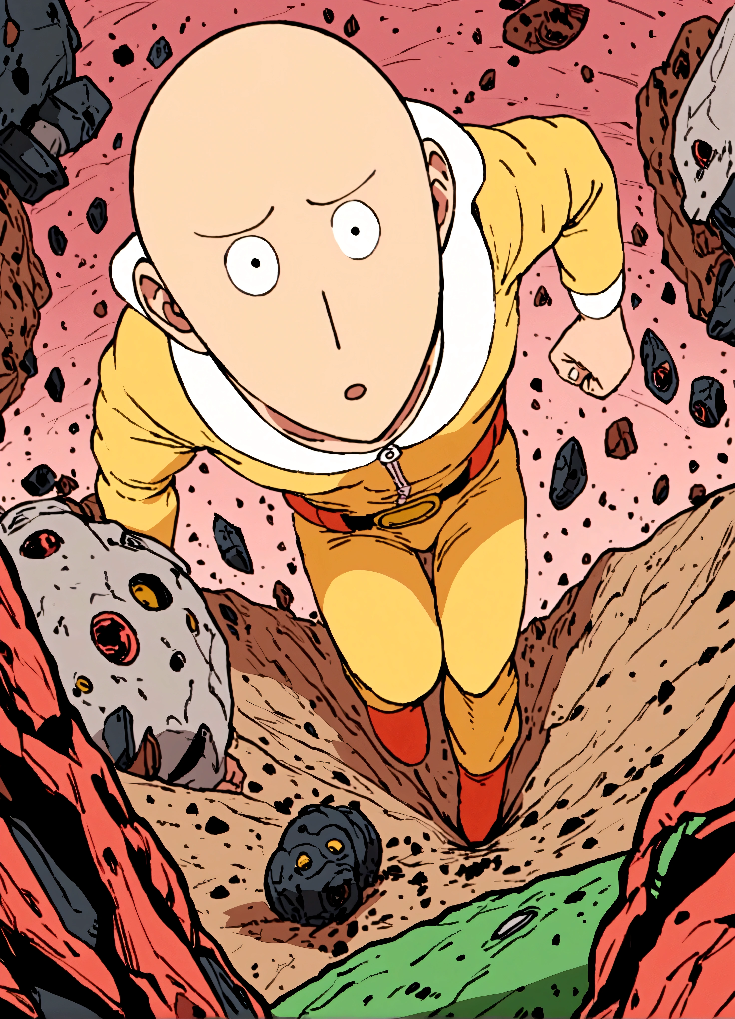 One Punch Man Saitama is looking confused, he has punched Transformer star Scream (who blew up), now Saitama is still in a punching stance in a crater surrounded by robot debris