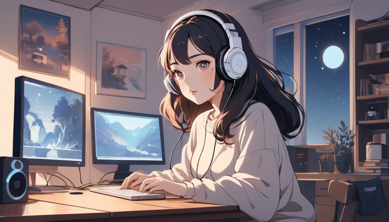 Sexy woman wearing headphones、Computer and mug on the desk, Wide-angle lens, Lofi Anime, Lofi illustration, Aesthetic atmosphere, Lo-Fi Style, Vector art, Flat Design, Simple shape, Warm tones, Pleasant atmosphere, Chill, In anime style, Digital drawing, Vector art, Vector logo for t-shirt printing, (Adorable:1.5), (small:1.4), (Playful:1.2), (soft:1.3), (Whimsical:1.1), masterpiece, Highest quality, 8K, Intricate details, grow, Celestial, Mysterious, Picturesque, amazing, Majestic, Magic, Fantasy art, Cover art, dream-like