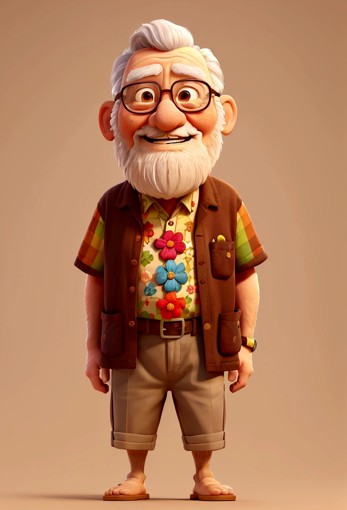 An elderly man, with medium beard, smiling, wearing a colorful flower shirt. He is wearing flip-flops and brown shorts. left hand holds a brown flag, The man is standing facing the viewer. money bills are coming out of your blouse pocket. pixar model, 3 d drawing, detailedeyes, flag on the side