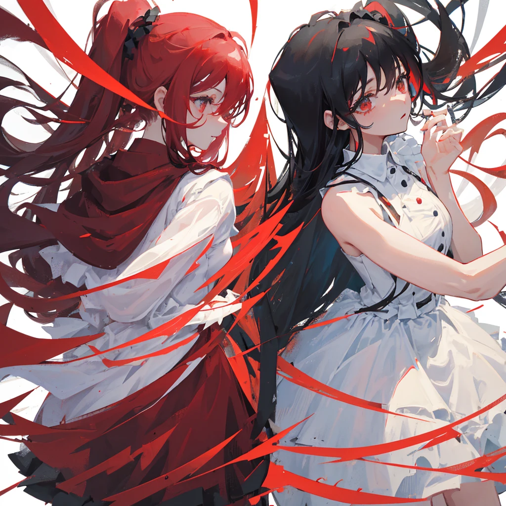 Two women，One red hair and one black hair，A white dress and a red dress，skirt，((Solid red background))