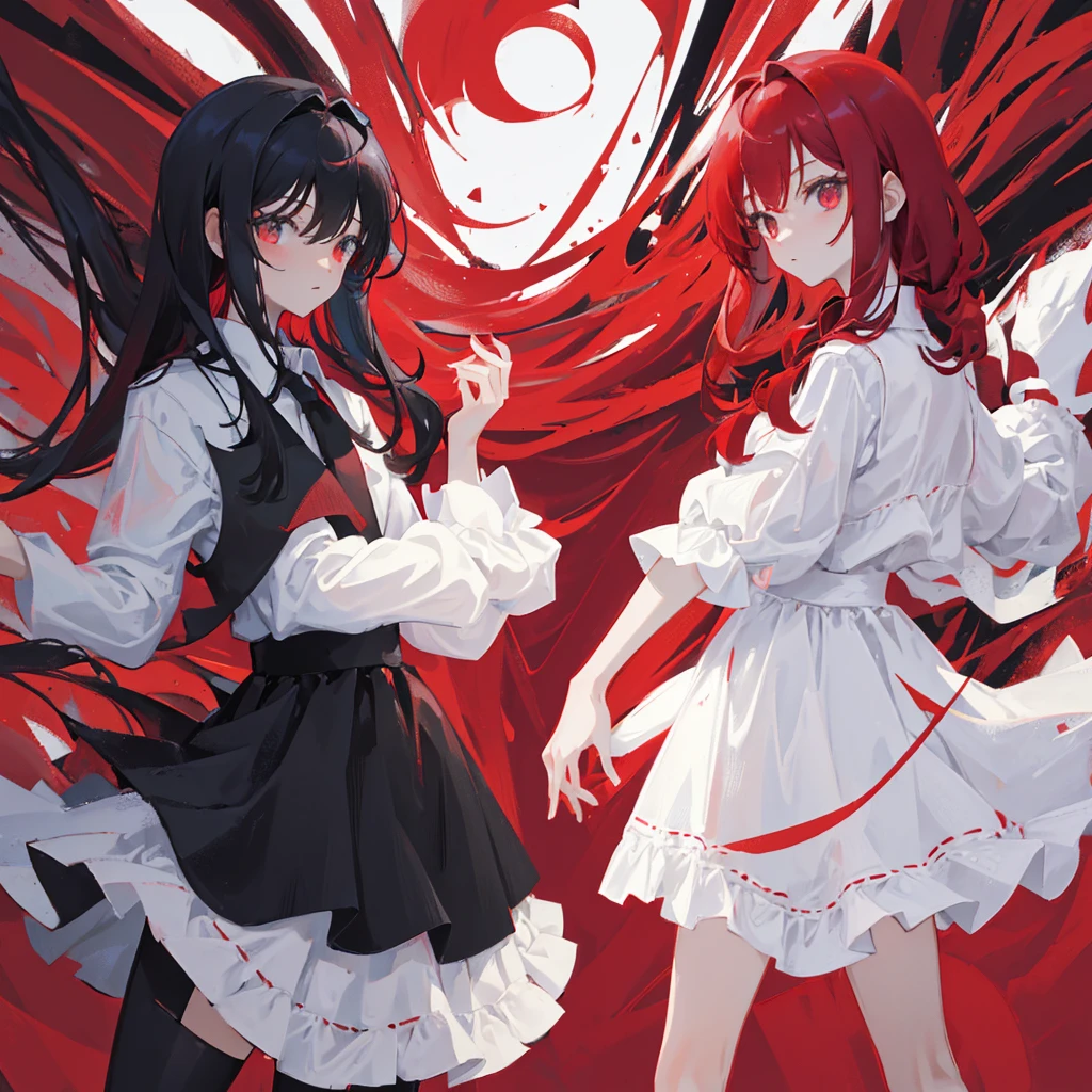 Two women，One red hair and one black hair，A white dress and a red dress，skirt，((Solid red background))