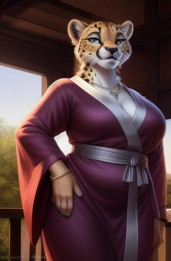 (posing:1.3), (soft shading), 4k, hi res, five fingers, detailed hands, ((detailed face, (detailed eyes:1.0), detailed)), by zackarry911, by zaush, (by personalami:0.5), clothed, Female cheetah, fat, fat belly, fat thighs, fat arms, lovehandles, big breasts, silver eyes, golden yellow fur, black cheetah markings, no hair, kimono, silver earrings, silver bracelets, silver rings, silver necklaces, superior aura, looking down on viewer, low angle, taller than viewer, seductive face and pose, smug