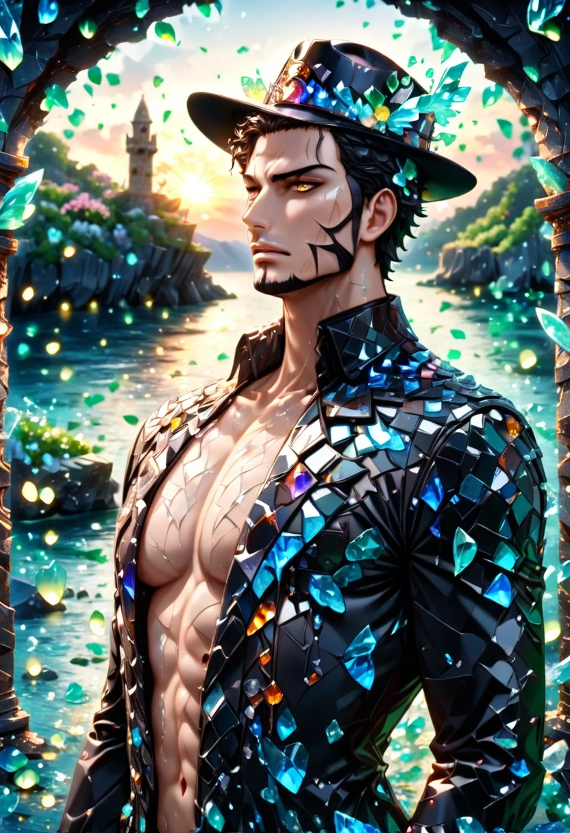 absurdres, highres, ultra detailed, HDR, master piece, Mihawk, black hair, expressive yellow eyes, cross, black hat, One Piece, sexy man, handsome, best quality, sunset, petals, flowers, fantasy, magical, solo, black coat, island, green leaves, water, blue shining fireflies,