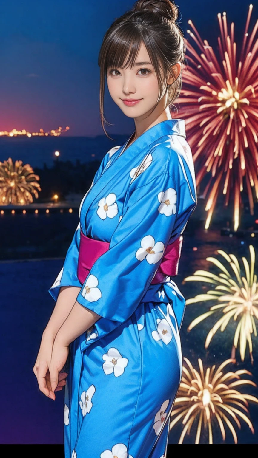((masterpiece)),(((Highest quality))),((Character design sheet)),A Japanese yukata with a bright floral and flower pattern in a combination of light blue and navy blue.:1.5,Stylish sandals:1.5,The best smile:1.5,Upper Body Shot:1.5,Night fireworks background:1.5,Flashy makeup with red eyeshadow:1.5,Bun Hair:1.5,
