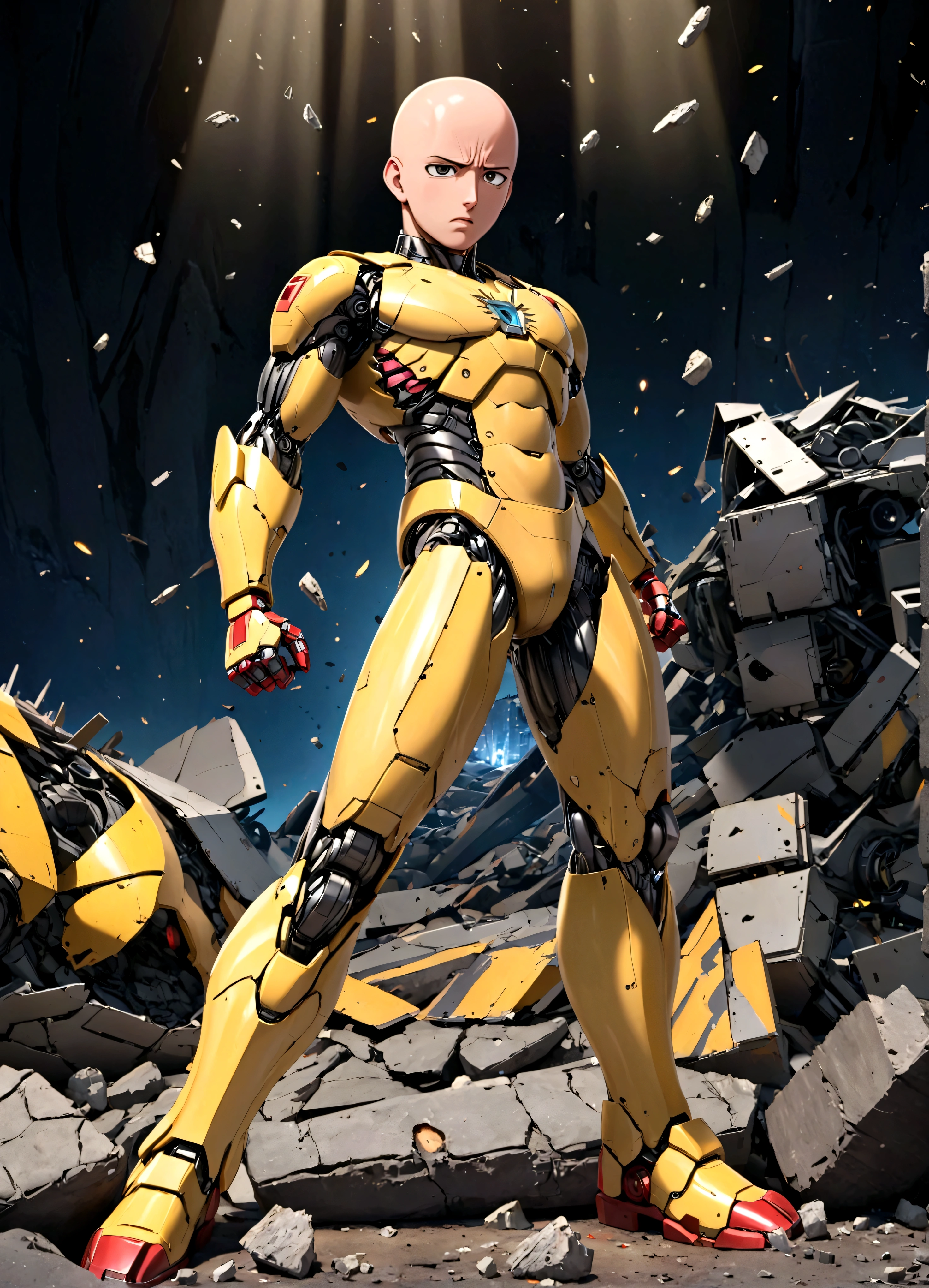 a confused Saitama in a crater surrounded by robot debris, one punch man, transformers, saitama confused expression, saitama in punching stance, destroyed robot, detailed robot debris, photo-realistic, hyper detailed, cinematic lighting, 8k, dynamic pose, intricate details, extreme details, extremely detailed, masterpiece, best quality, high quality, sharp focus, physically-based rendering, vivid colors