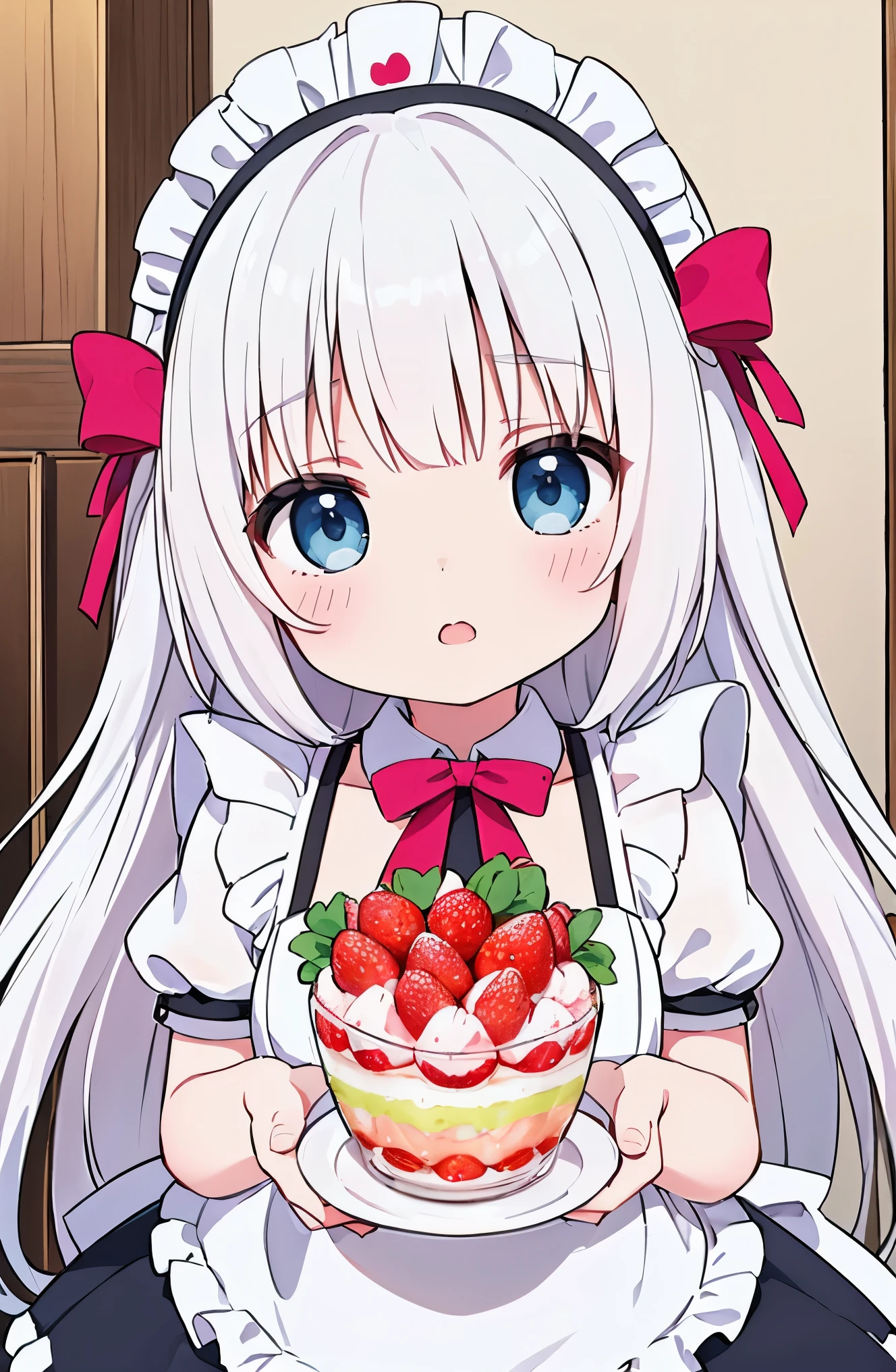 (masterpiece、Highest quality、Highest quality、Beautiful and aesthetic:1.2)、Droopy eyes、White Tone、Wavy Hair、One Girl、Bibi-chan、(Digital anime art:1.Blue Eyes、White Hair、イチゴ🍓の髪飾り、A cute pink maid outfit reminiscent of a strawberry parfait、Pink flavor、White Hair、