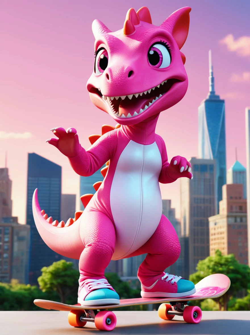 ral-smoldino, A girl dressed in a pink dinosaur costume, Pink sneakers, strike a playful pose, Standing on a skateboard, Pink Eyes, proudly, Cartoon Style, full-body shot, City skyline background, Created with C4D and Blender, Blind box toy styles, Super Detail, Anatomically correct, masterpiece, precise