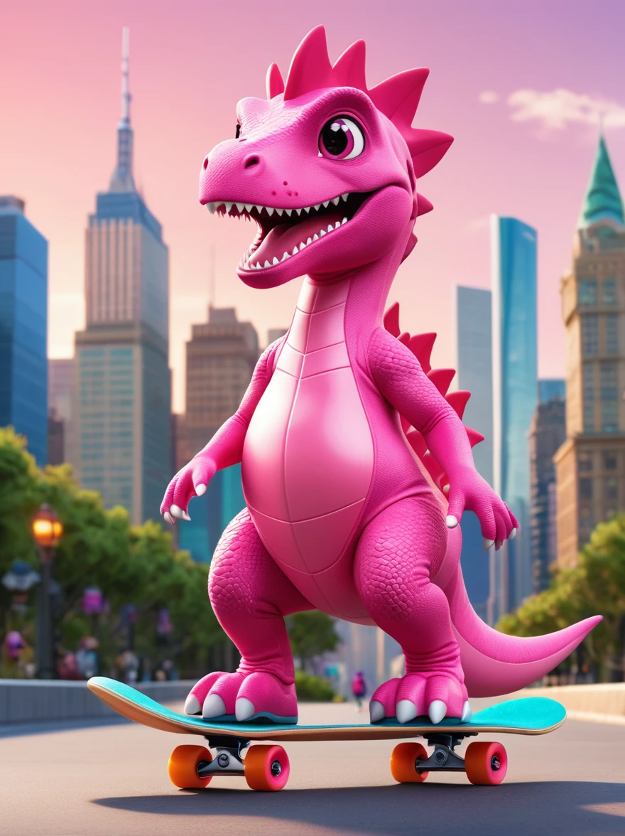 ral-smoldino, A girl dressed in a pink dinosaur costume, Pink sneakers, strike a playful pose, Standing on a skateboard, Pink Eyes, proudly, Cartoon Style, full-body shot, City skyline background, Created with C4D and Blender, Blind box toy styles, Super Detail, Anatomically correct, masterpiece, precise