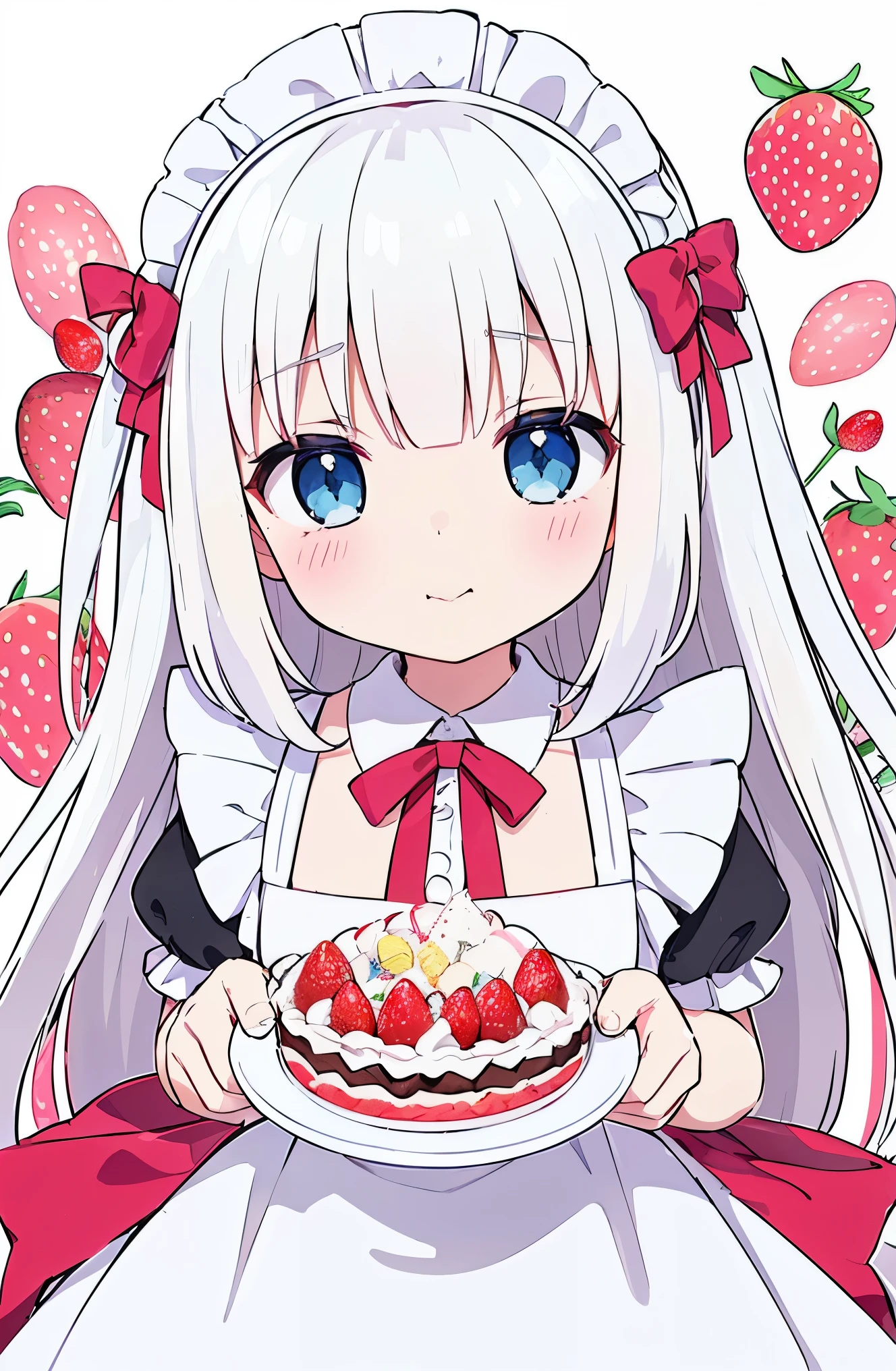 (masterpiece、Highest quality、Highest quality、Beautiful and aesthetic:1.2)、Droopy eyes、White Tone、Wavy Hair、One Girl、Bibi-chan、(Digital anime art:1.Blue Eyes、White Hair、イチゴ🍓の髪飾り、A cute pink maid outfit reminiscent of a strawberry parfait、Pink flavor、White Hair、