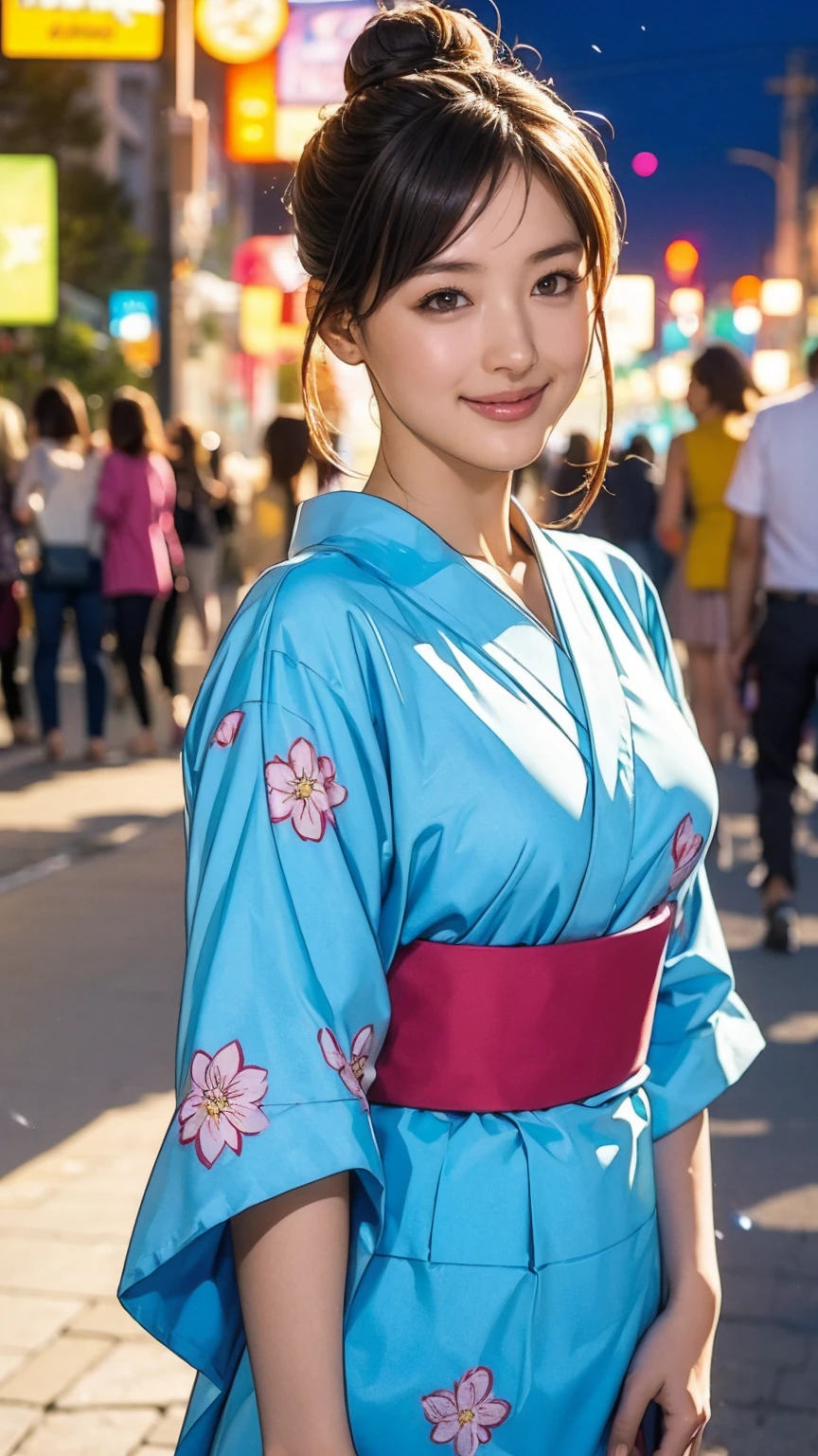 ((masterpiece)),(((Highest quality))),((Character design sheet)),A Japanese yukata with a bright floral and flower pattern in a combination of light blue and navy blue.:1.5,Stylish sandals:1.5,The best smile:1.5,Upper Body Shot:1.5,Night fireworks background:1.5,Flashy makeup with red eyeshadow:1.5,Bun Hair:1.5,