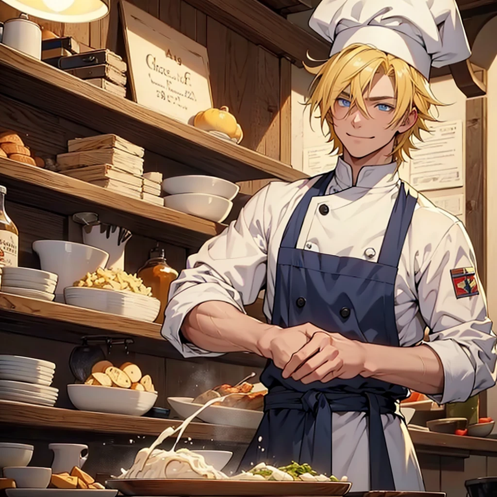A 22 year old man, blond hair, yellow hair, blue eyes, chef's clothes, wearing a chef's hat, hands hidden, happy expression, medieval period, Ultra HD 4k, 4k, Ultra HD