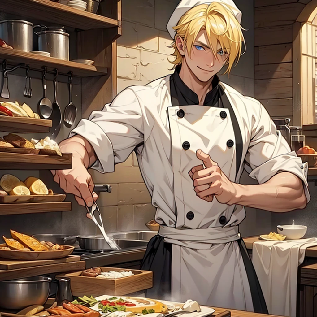 A 22 year old man, blond hair, yellow hair, blue eyes, chef's clothes, wearing a chef's hat, hands hidden, happy expression, medieval period, Ultra HD 4k, 4k, Ultra HD