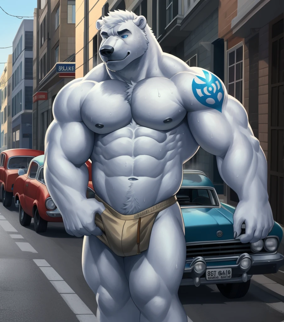 solo, anthro (Polar Bear, arctic bear), full ears, white fur skin, detailed blue eyes,Street: 1.6, sweat, heavy breathing: 1.5, correct anatomy, biceps, (muscular) thin, tattoo, veins all over the body, (Shirtless and topless: 1.2), street background and parked antique cars, 8k hd, dark shadows