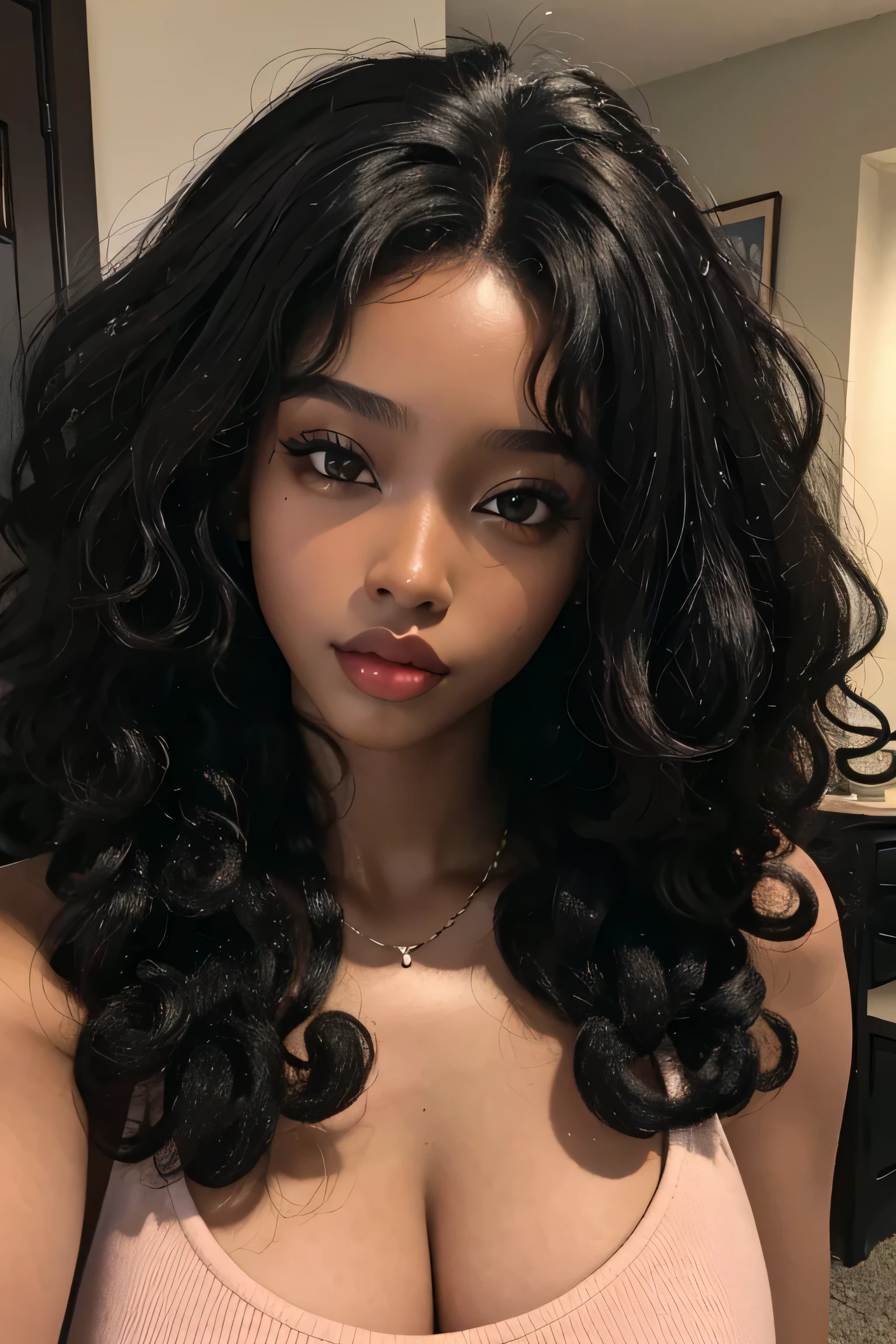 masterpiece, best quality, beautiful black 20 year old, ebony skin female, frizzy, curly dark hair, perfect face, melanin, curly hair,