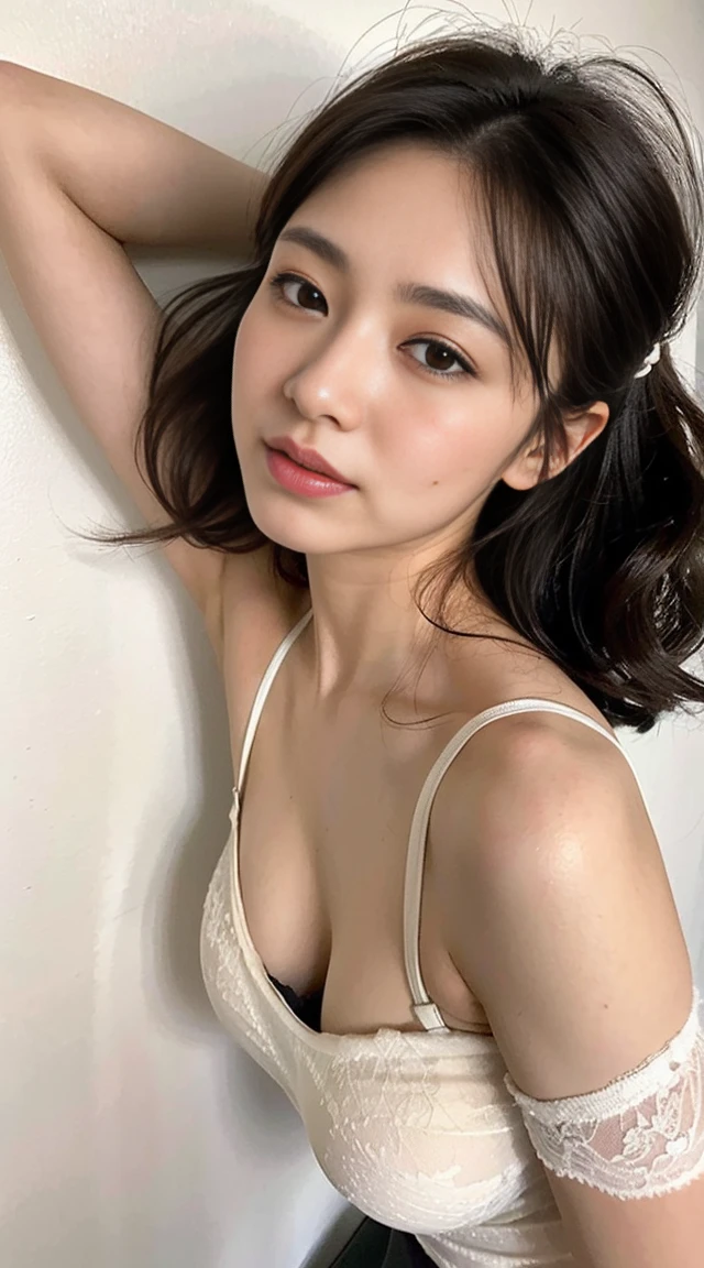 Dark brown hair、Light brown eyes、Japanese actress、 Lady、I am about 40 years old..、(Intricate details:1.2)、(Which one is on top??:1.4)、 (Ultra-high resolution:1.2)、Ultra-high resolution、(Finely tuned)、(Detailed facial features)、Hmph、8K resolution、D cup size breasts、Long Hair、Updostyle, Updo、Hair Bun、1 Girl, Deep sorrowの表情, (Very detailed美しい顔), (camisole:1.5), (Bare shoulders:1.3), (Highest quality:1.4), (Very detailed)、Beautiful fair skin with transparency, Are sleeping、Sleeping on the floor、Top view、 Spread your legs wide, Please open your mouth a little、Legs visible through one-piece dress、Deep sorrow、Pose of Weakness、Obscene pose、White floor、White wall、The morning sun shines in、Sleep on your side。