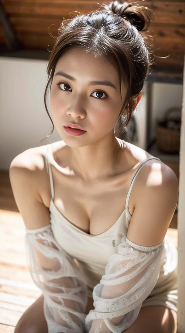 Dark brown hair、Light brown eyes、Japanese actress、 Lady、I am about 40 years old..、(Intricate details:1.2)、(Which one is on top??:1.4)、 (Ultra-high resolution:1.2)、Ultra-high resolution、(Finely tuned)、(Detailed facial features)、Hmph、8K resolution、D cup size breasts、Long Hair、Updostyle, Updo、Hair Bun、1 Girl, Deep sorrowの表情, (Very detailed美しい顔), (camisole:1.5), (Bare shoulders:1.3), (Highest quality:1.4), (Very detailed)、Beautiful fair skin with transparency, Are sleeping、Sleeping on the floor、Top view、 Spread your legs wide, Please open your mouth a little、Legs visible through one-piece dress、Deep sorrow、Pose of Weakness、Obscene pose、White floor、White wall、The morning sun shines in、Sleep on your side。