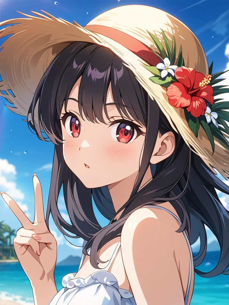 (masterpiece, best quality), very aesthetic, absurdres, extremely detailed CG unity 8k wallpaper, super fine illustration, (detailed_face:1.2), BREAK 1girl, long black hair wearing a straw hat, small breasts, (glamorous expression), red eyes, anime style 4k, beautiful anime portrait, anime moe art style, anime art wallpaper 4k, High quality anime art style, anime style portrait, be familiar with digital anime art, anime art wallpaper 8k, cute anime girl portrait, Hawaii background, blue sea, palm trees, sunlight, whole body, BREAK depth of field, perfect hands, nice fingers, 5_finger, 4_finger,1_thumb,