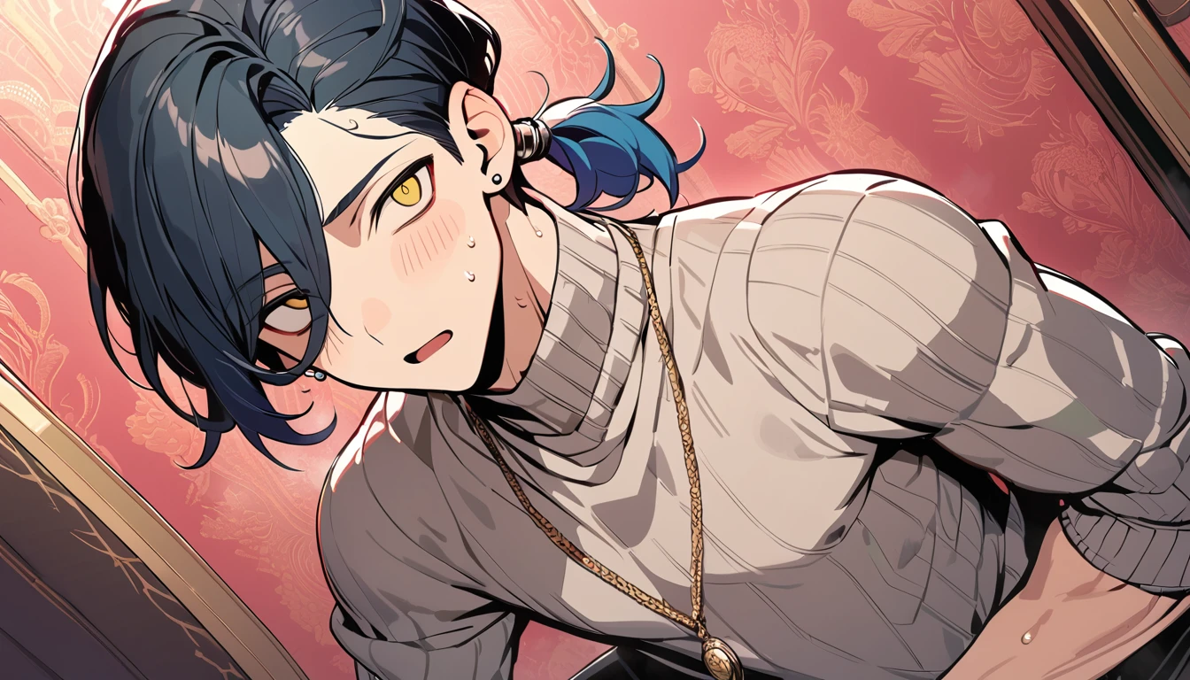 ((((best masterpiece, best quality, wallpaper,)))) solo, guy, male body, small muscles, flat chest, 1male, 30 years old, handsome man, dramatic angle, upper body, looking at viewers, beautiful detailed, mediumturquoise hair, ((((Lower short ponytail)))), asymmetrical bangs, ((short hair,)) blush stickers, sweat, ((( jitome, gold eyes, ^o^, tareme, droopy eyes,))) (((perfect face, extremely detailed eyes,))) perfect hands, sharp nose, clear face, black turtleneck, grey cardigan, ((silver piercing, pendant,)) leggings, pink background color ultrasharp, 8K, masterpiece,
